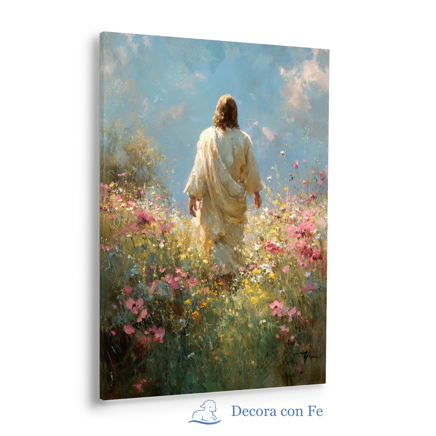 Jesús Viene entre Flores - Cuadro Cristiano Decorativo - Variante 2