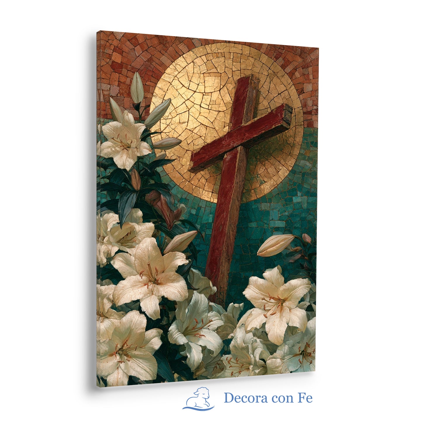 Cruz de Vida con Lirios y Mosaico Dorado