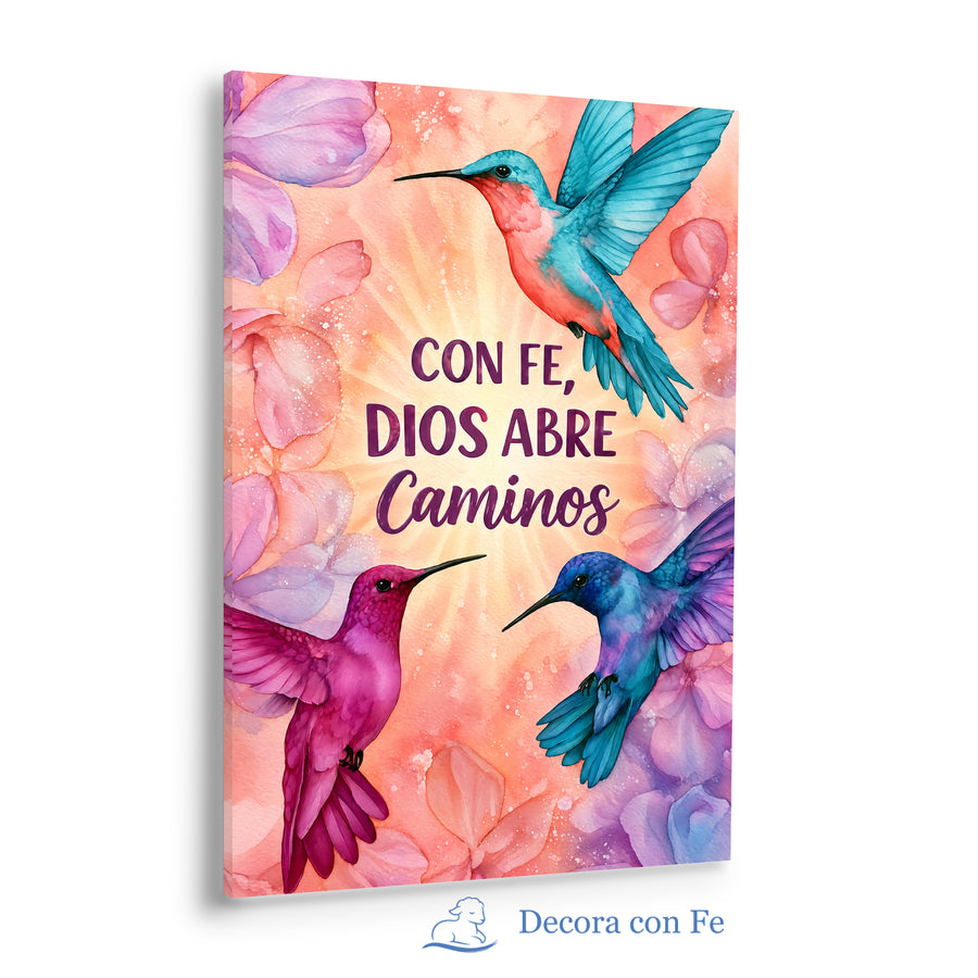 Con Fe, Dios Abre Caminos - Cuadro Cristiano con Colibríes