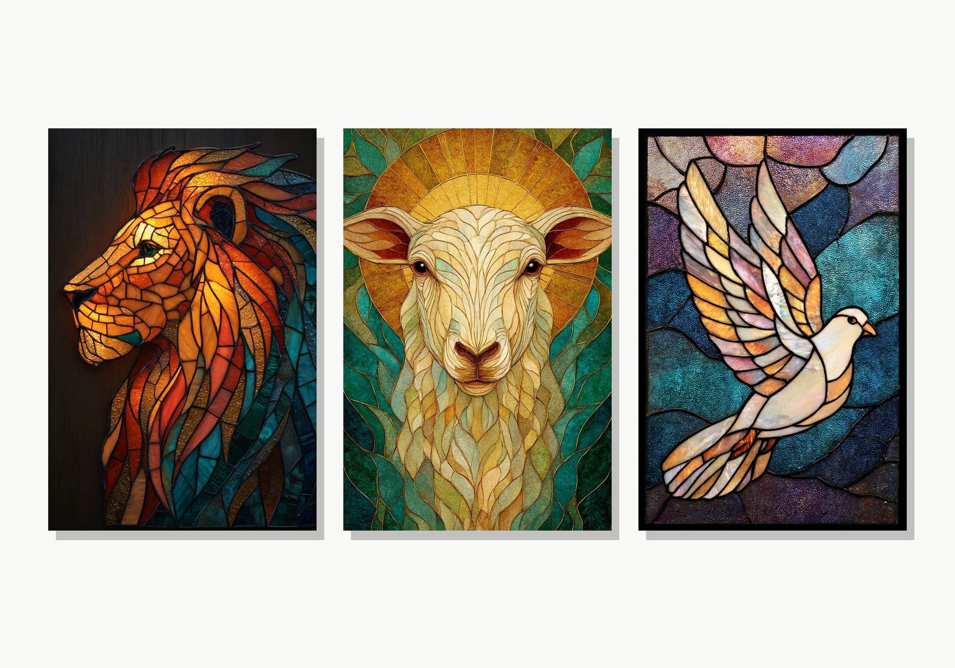 Trinidad de Luz - Set Cristiano en Vitral - Panel 1 Variante 4 · Panel 2 Variante 2 · Panel 3 Variante 4