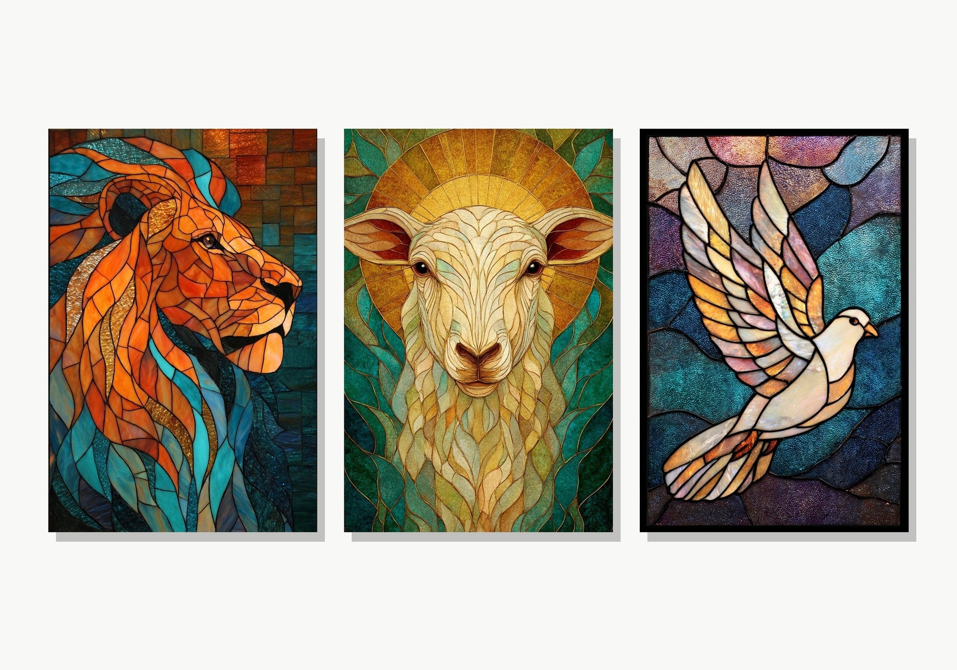 Trinidad de Luz - Set Cristiano en Vitral - Panel 1 Variante 1 · Panel 2 Variante 2 · Panel 3 Variante 4