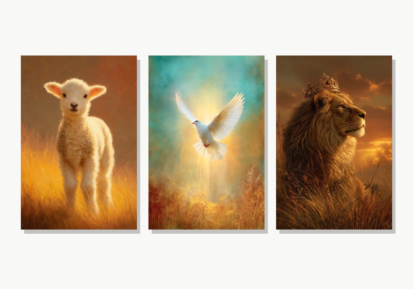 Tríptico Reino Divino: Cordero, Paloma y León - Panel 1 Variante 4 · Panel 2 Variante 4 · Panel 3 Variante 2
