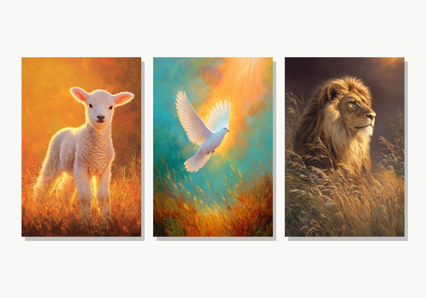 Tríptico Reino Divino: Cordero, Paloma y León - Panel 1 Variante 2 · Panel 2 Variante 2 · Panel 3 Variante 1