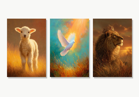 Tríptico Reino Divino: Cordero, Paloma y León - Panel 1 Variante 4 · Panel 2 Variante 2 · Panel 3 Variante 2