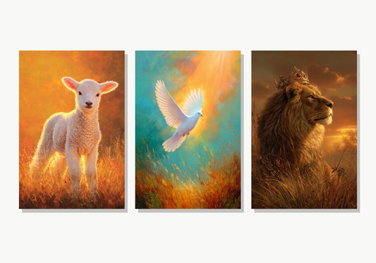 Tríptico Reino Divino: Cordero, Paloma y León - Panel 1 Variante 2 · Panel 2 Variante 2 · Panel 3 Variante 2