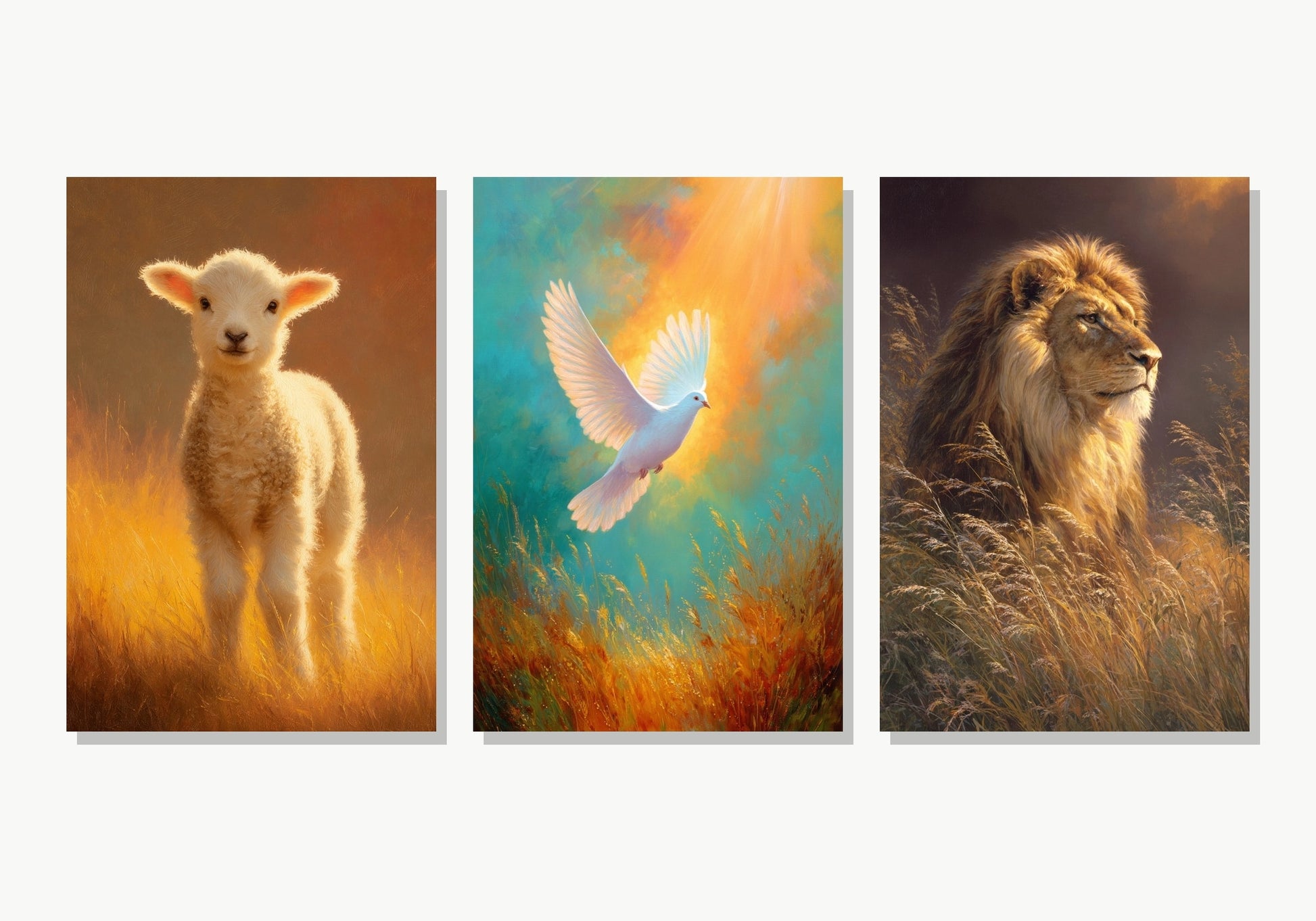 Tríptico Reino Divino: Cordero, Paloma y León - Panel 1 Variante 4 · Panel 2 Variante 2 · Panel 3 Variante 1