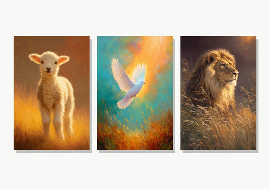 Tríptico Reino Divino: Cordero, Paloma y León - Panel 1 Variante 4 · Panel 2 Variante 2 · Panel 3 Variante 1