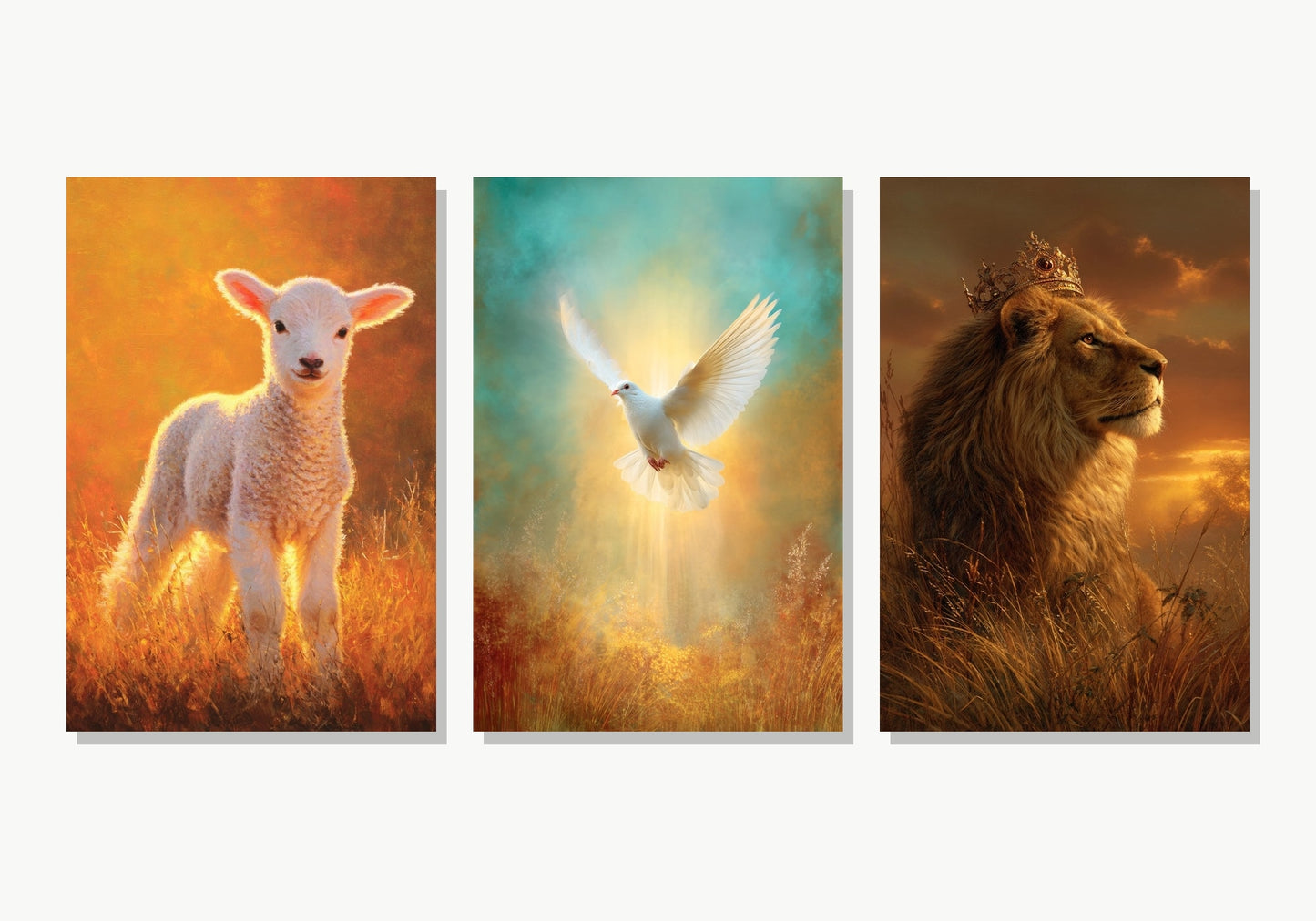Tríptico Reino Divino: Cordero, Paloma y León - Panel 1 Variante 2 · Panel 2 Variante 4 · Panel 3 Variante 2