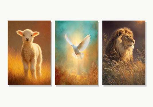 Tríptico Reino Divino: Cordero, Paloma y León - Panel 1 Variante 4 · Panel 2 Variante 4 · Panel 3 Variante 1