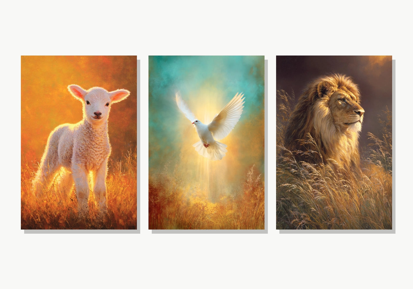 Tríptico Reino Divino: Cordero, Paloma y León - Panel 1 Variante 2 · Panel 2 Variante 4 · Panel 3 Variante 1