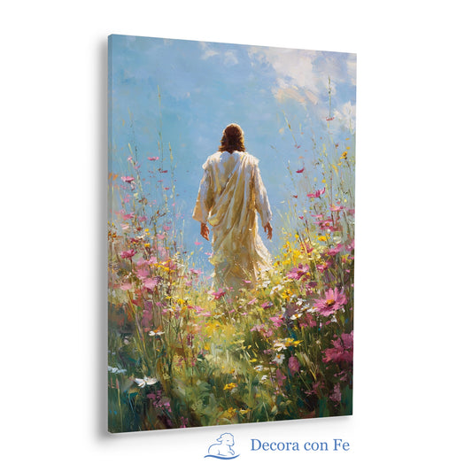 Jesús Viene entre Flores - Cuadro Cristiano Decorativo - Variante 4
