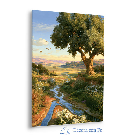 Huerto de Riego al Amanecer - Cuadro Cristiano de la Creación