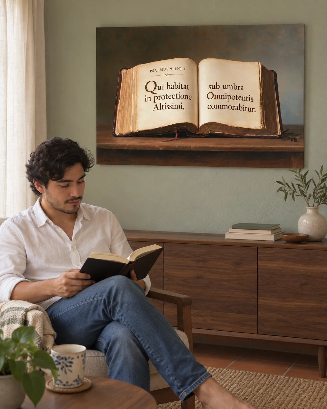 Al Amparo del Altísimo · Biblia y Salmo 91 en Latín en rincón de lectura. Ambientación generada de escala orientativa.